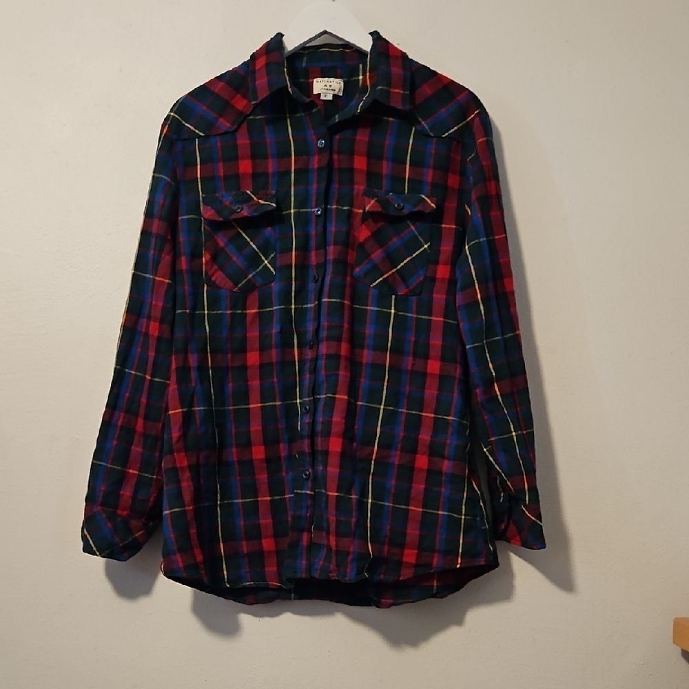 Matchstick Plaid Button Down Shirt - Red and Blue Xl